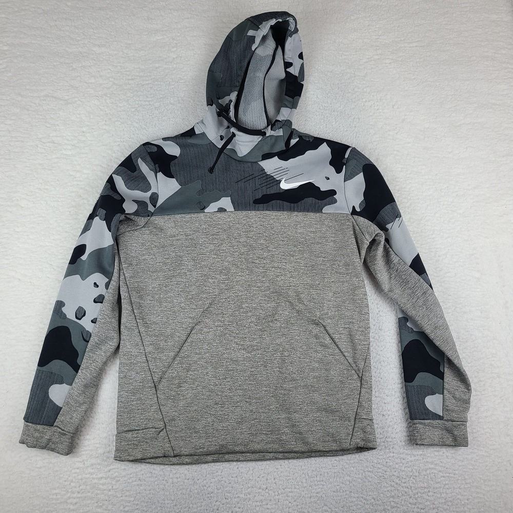 Nike Hoodie Mens Medium Gray Black Camouflage Dri Fit Training Activewear